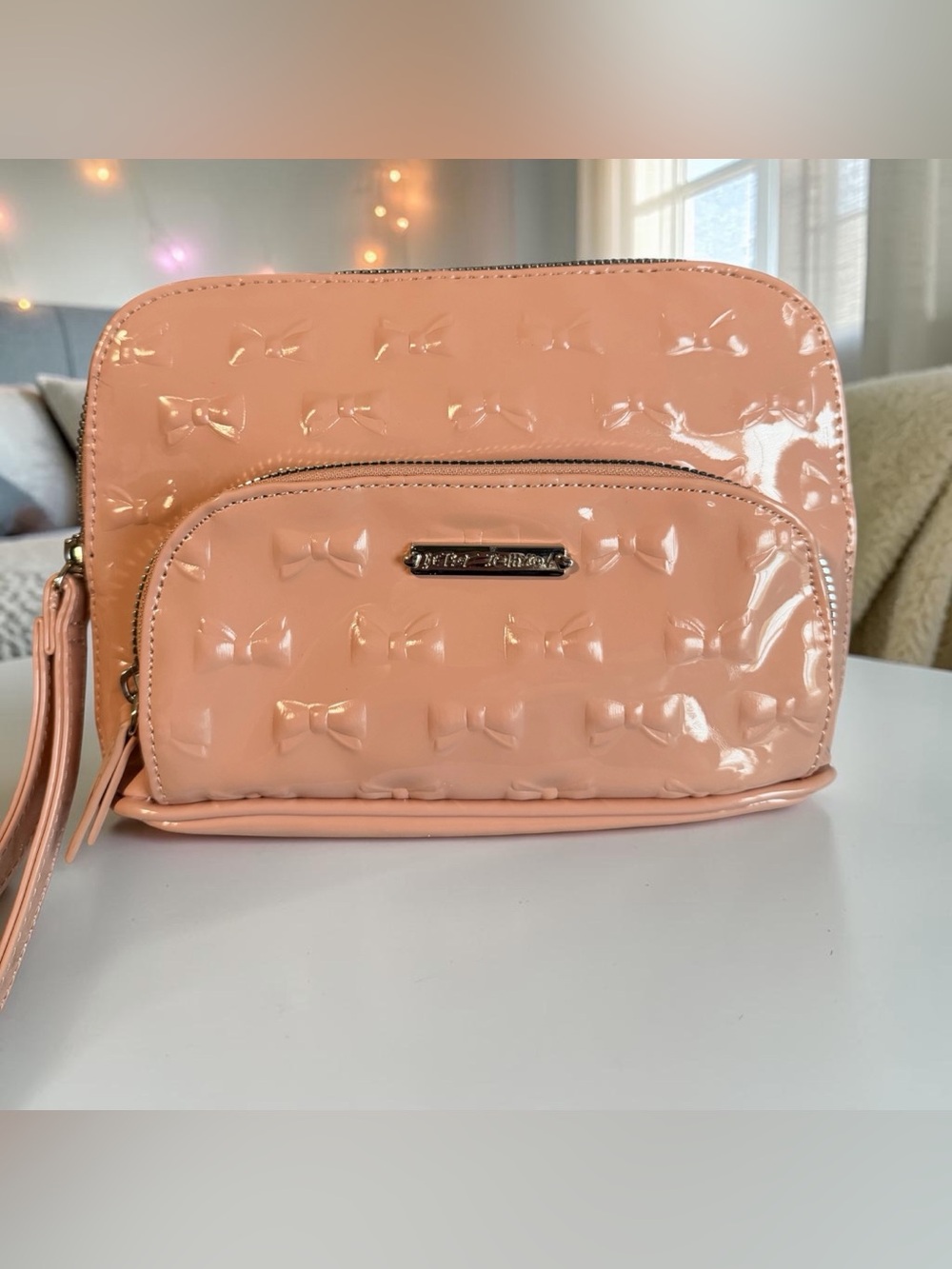Betsey Johnson Blush Pink Embossed Bow Dome Wristlet / Cosmetic Bag